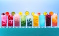 A row of various cold beverages with fruits and ice Royalty Free Stock Photo