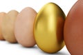 Row of various eggs. In focus a gold egg. Unique egg. Happy easter, 3d illustration Royalty Free Stock Photo