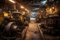 row of various heavy machinery in a workshop