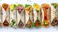 A row of various types of tacos laid out on a white background Royalty Free Stock Photo