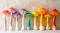 Generative AI. Fanciful Colorful Mushrooms Arranged on Counter