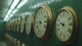 Row of vintage clocks on a green wall in a hallway Royalty Free Stock Photo