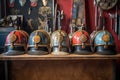 row of vintage firefighter helmets with emblems