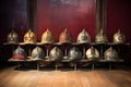 row of vintage firefighter helmets with emblems