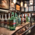 A row of vintage soda bottles with nostalgic labels in a retro diner setting1