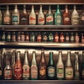 A row of vintage soda bottles with nostalgic labels in a retro diner setting4