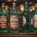 A row of vintage soda bottles with retro labels in an old-fashioned diner2