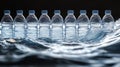 Row of water bottles creating a visual impact on flowing water surface