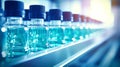 Row of Water Bottles on Shelf for the Pharmacology Industry. Bottles with medicines on the conveyor. Selective focus. Close-up