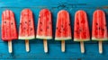 A row of watermelon popsicles on a blue background