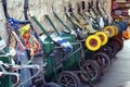 Row of wheelbarrows aligned against a wall before the market opens Royalty Free Stock Photo