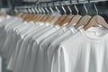 Row of white blank T-shirts hanging on hangers. Blank t-shirts for printing. T-shirt mockups for men and women Royalty Free Stock Photo