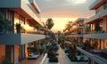 A row of white buildings with balconies and a walkway in between. The walkway is lined with trees and bushes Royalty Free Stock Photo