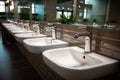 Row of white ceramic wash sinks and mirrors in modern restroom