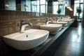 Row of white ceramic wash sinks and mirrors in modern restroom