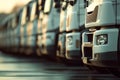 Row of White Delivery Trucks Parked in Daylight Close-Up View Royalty Free Stock Photo
