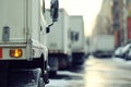 Row of White Delivery Trucks Parked in Daylight Close-Up View Royalty Free Stock Photo