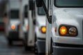 Row of White Delivery Trucks Parked in Daylight Close-Up View Royalty Free Stock Photo