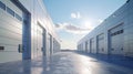 A row of white industrial warehouse doors under a bright blue sky Royalty Free Stock Photo