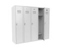 Row of white metal gym lockers with one open door. 3d rendering illustration Royalty Free Stock Photo