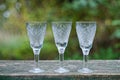 A row of white three glass crystal goblets on a gray wooden table Royalty Free Stock Photo