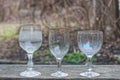a row of white three old glass crystal goblets Royalty Free Stock Photo