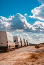 A row of white vans parked on a dirt road in the desert. Generative AI Royalty Free Stock Photo