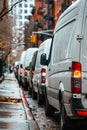 A row of white vans parked on the side of a street. Generative AI Royalty Free Stock Photo