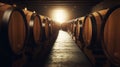 Row of wine barrels sitting in room with sunlight coming through the window. Generative AI Royalty Free Stock Photo