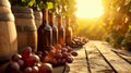 A Row of Wine Bottles on Wooden Table