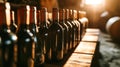 A Row of Wine Bottles on Wooden Table