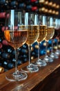 A row of wine glasses lined up on a wooden bar, AI Royalty Free Stock Photo