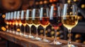 A row of wine glasses lined up on a wooden bar, AI Royalty Free Stock Photo