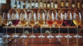 Row of Wine Glasses on Wooden Table Royalty Free Stock Photo