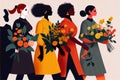 Row of women of different nationality with bouquets of flowers, international women\'s day. Generative AI