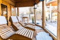 A row of wood beds ready for people to rest on them after sauna Royalty Free Stock Photo