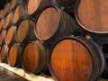 Row of wooden barrels of tawny portwine Royalty Free Stock Photo