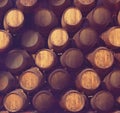 Row of wooden barrels of tawny portwine ( port wine ) in cellar, Porto, Portugal Royalty Free Stock Photo