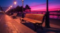 a row of wooden benches on a sidewalk at dusk