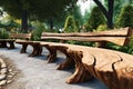 A line of wooden benches in a park or garden. AI Generated