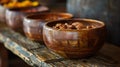 A row of wooden bowls filled with food on a table, AI Royalty Free Stock Photo