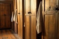 row of wooden lockers, doors ajar, towels hanging Royalty Free Stock Photo