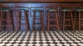 Row of wooden stools in front of green counter bar interior at the bar and pub, restuarant for drinking refresh relaxation in day Royalty Free Stock Photo