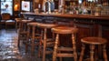 A row of wooden stools sit at a bar near the counter, AI Royalty Free Stock Photo