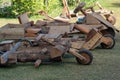 A row of wooden tricycles in the hilltribe village. Royalty Free Stock Photo