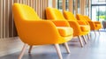 A row of yellow chairs lined up against a wall in the hallway, AI Royalty Free Stock Photo