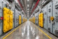 Row of yellow doors on grey electrical switchgears generating power in an industrial facility Royalty Free Stock Photo