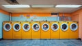 A row of yellow laundry machines in a room with blue tiles, AI