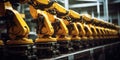 A row of yellow robots in a factory. Generative AI image. Royalty Free Stock Photo