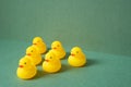 Row of yellow rubber duck doll on green background. teamwork leadership concept